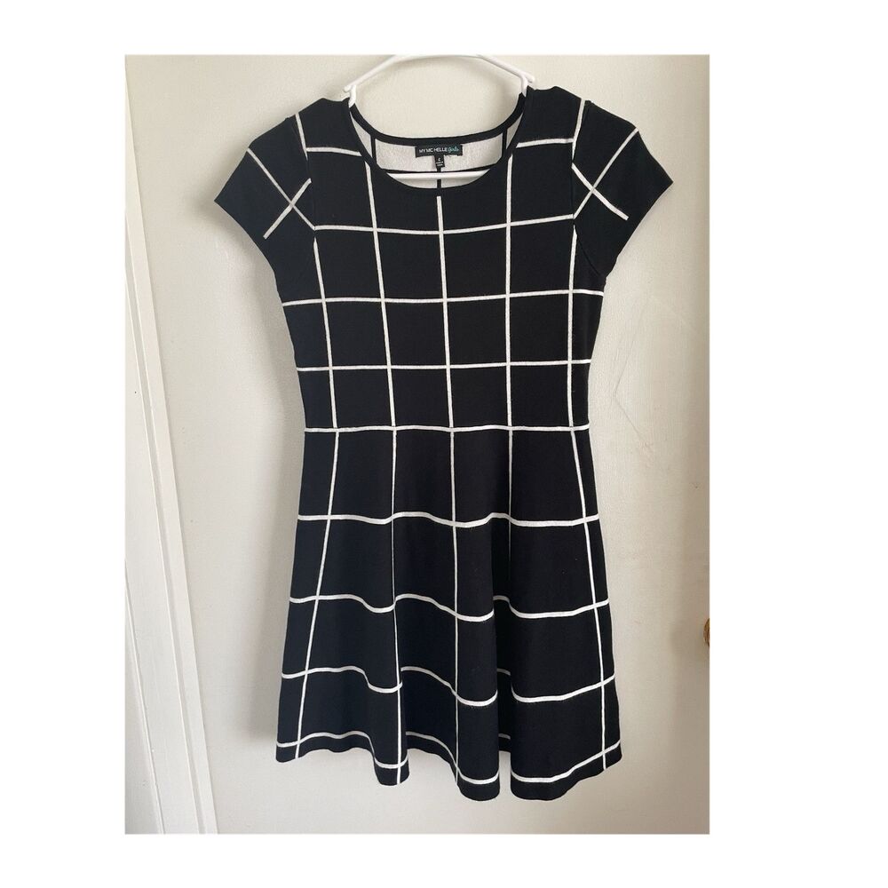 My Michelle Girls Black White Geometric Fit & Flare Dress Size L